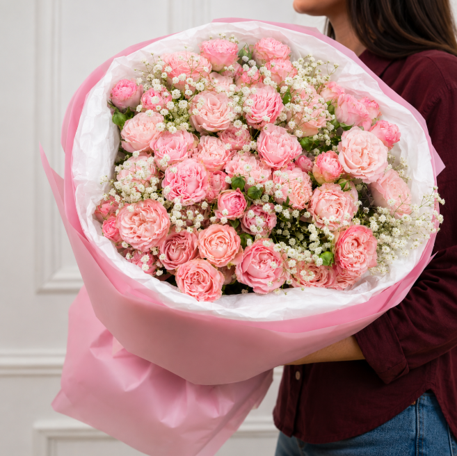 Pink Madam Bombastic Spray Roese and Pink Gypsophila Bouquet
