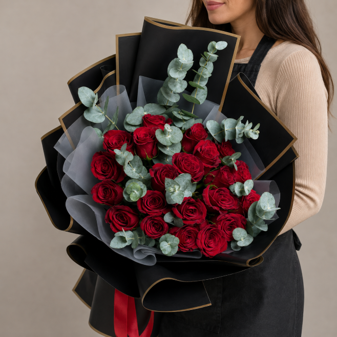 25 Red Roses And Eucalyptus Black Luxury Bouquet