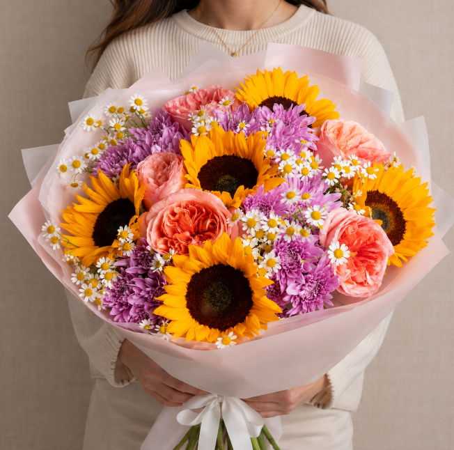 Sunflower Pink Garden Roses And Chrysanthemum Bouquet