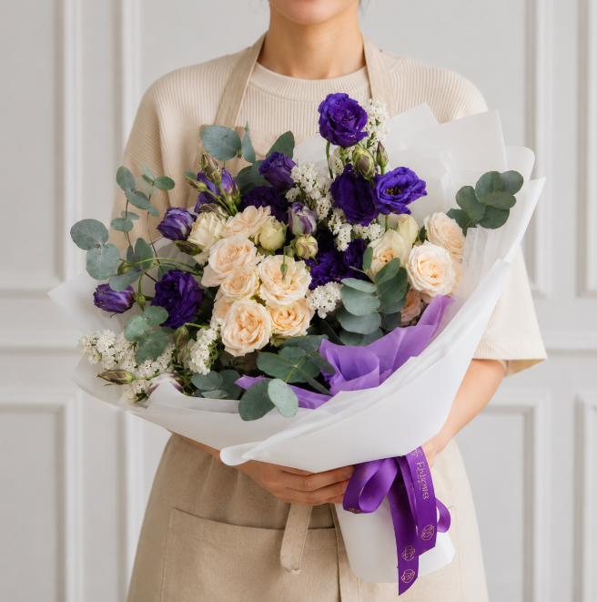 Peach Spray Rose Purple Lisianthus Bouquet