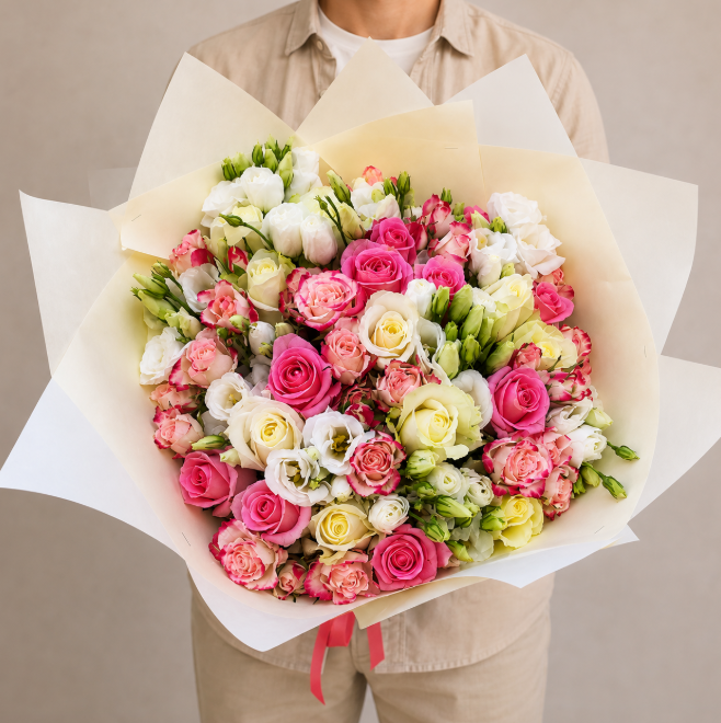 Blush And Cream Mixed Rose And Lisianthus Bouquet