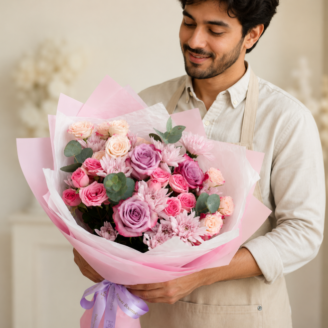 Purple Roses And Chrysanthemum Flower Bouquet