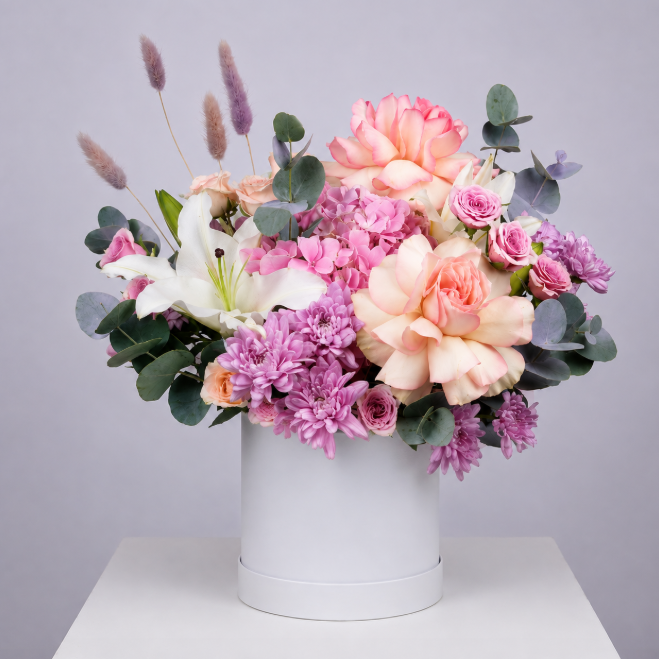 White Lily And Pink Hydrangea Elegance Box