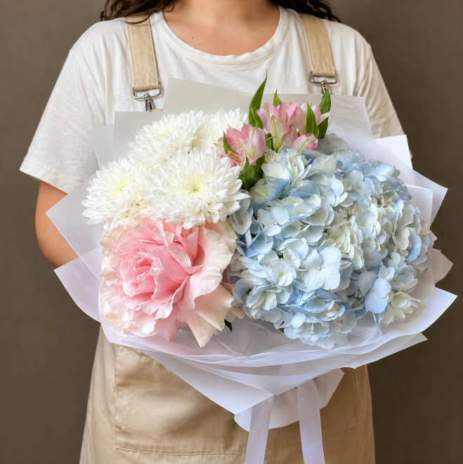 Blue Hydrangea And White Chrysanthemum Bouquet