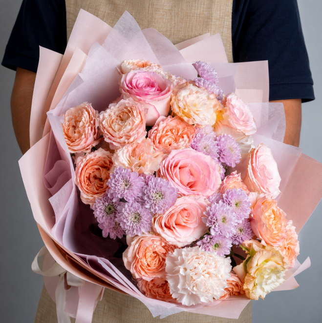 Pink Roses Pastel Mixed Flowers Bouquet