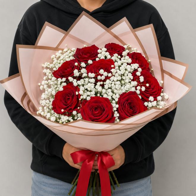 9 Red Roses And Gypsophila Romantic Bouque