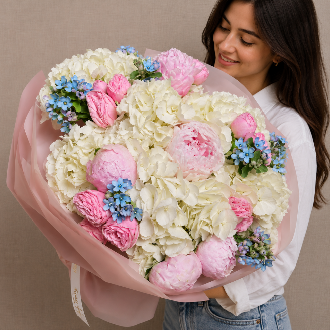 Sarah Bernhardt Peonies And White Hydrangea Luxury Bouquet