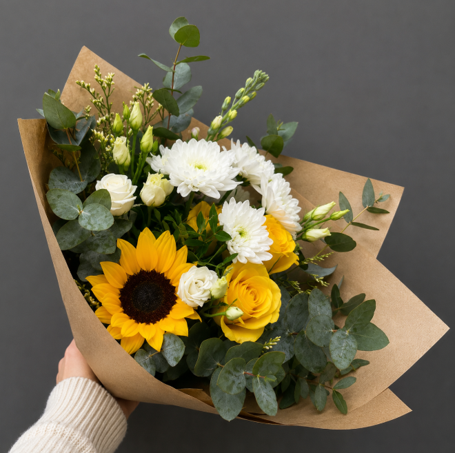 Sunflower And White Flowers Mixed Bouquet