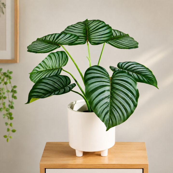 Striped Tropical Foliage Plant in Black Pot