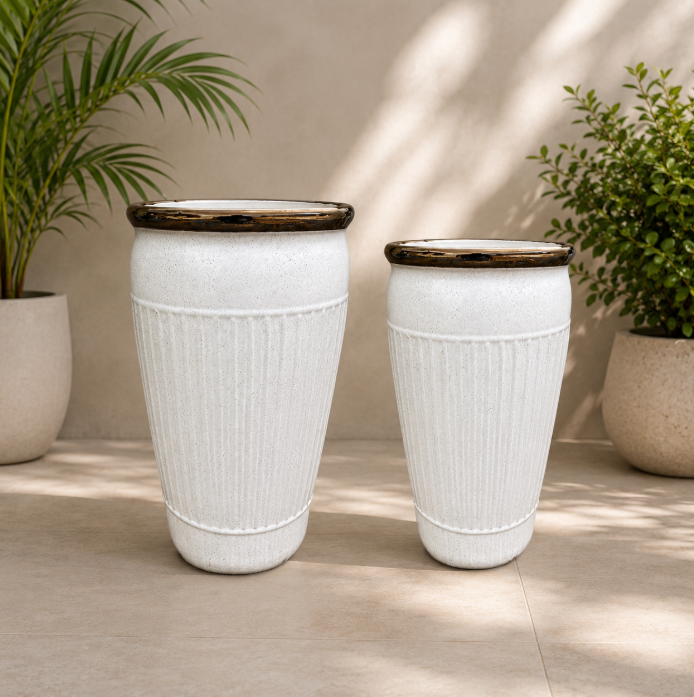 Ivory Ribbed Ceramic Pot