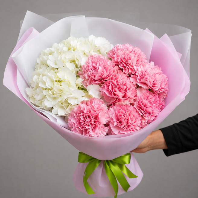 Pink Carnation And White Hydrangea Bloom