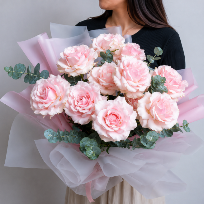 Premium Blush Pink Mondial Roses Eucalyptus Bouquet