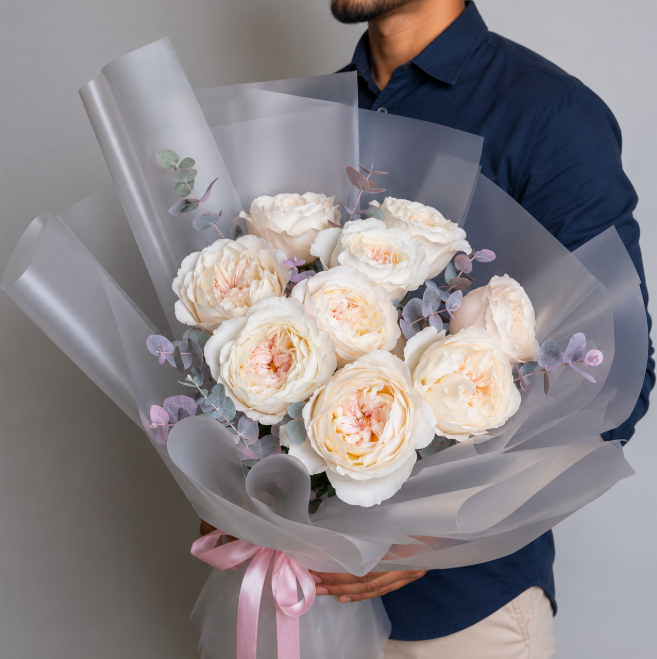 White Premium Garden Roses Eucalyptus Luxury Bouquet