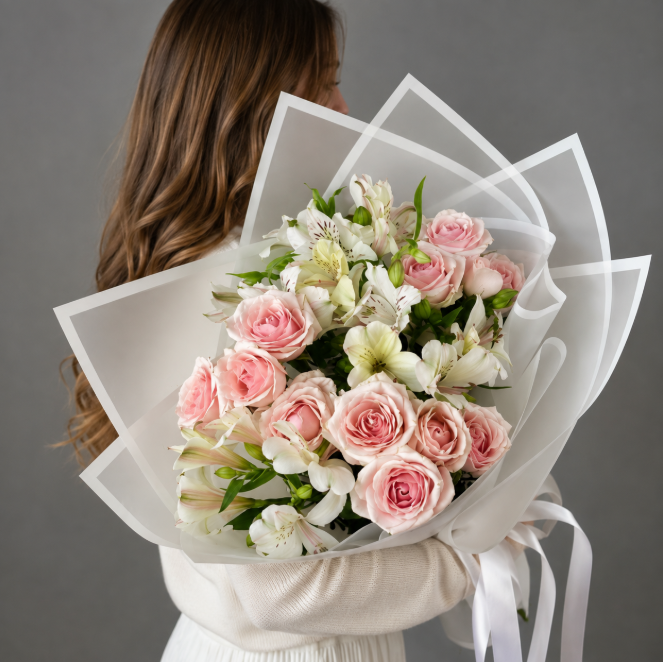 Pink Spray Roses And White Alstroemeria Bouquet