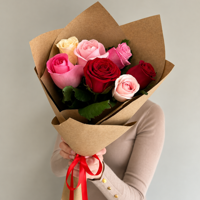 Bouquet Of 7 Multi-Coloured Roses