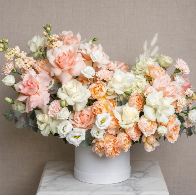 Luxury Peach Garden Roses And White Hydrangea Flower Box