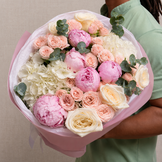 Sarah Bernhardt Peonies Hydrangea And Premium Roses Luxury Bouquet