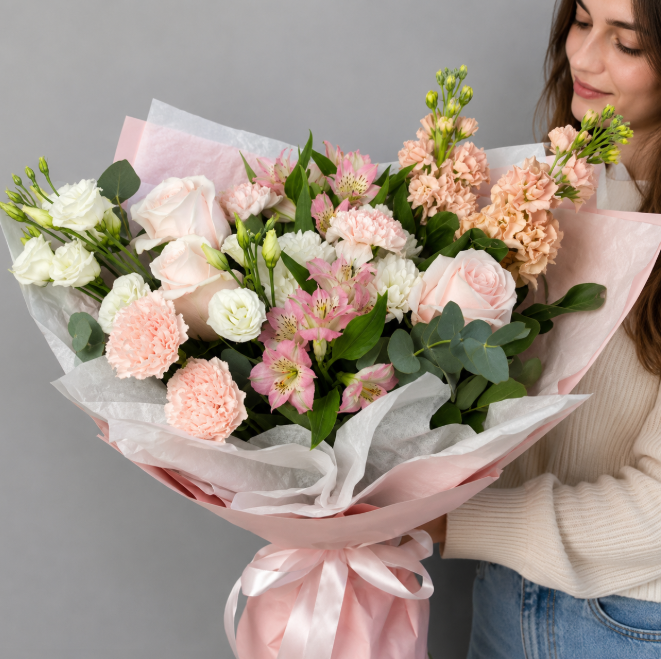 Pink Roses Matthiola And Mixed Flowers Bouquet